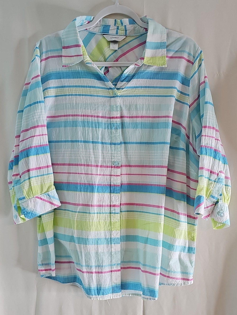 cj Banks 100% Cotton Pastel Striped Button-Down Shirt in White, Blue, Pink&Lime